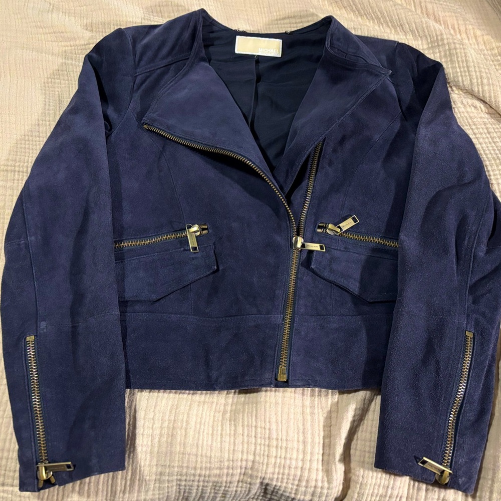 Navy Suede Leather Jacket by Micheal Kors Sz S/M NWOT
